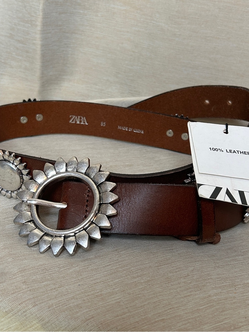 ZARA Brown Leather Belt with Silver Sunburst Buckles US 32 NWT